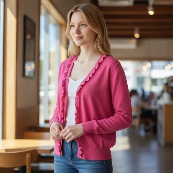 J. Crew Pink Ruffle-Trim V-Neck Cardigan Sweater Women’s M - Picture 2 of 8